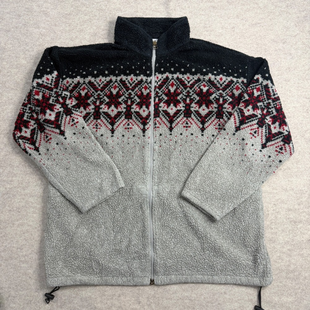 Columbia Vintage Sherpa Fleece Jacket Womens XL Fair Isle Gray Black Made in USA